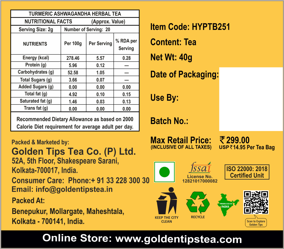 Herbyoga Turmeric Ashwagandha Herbal Tea