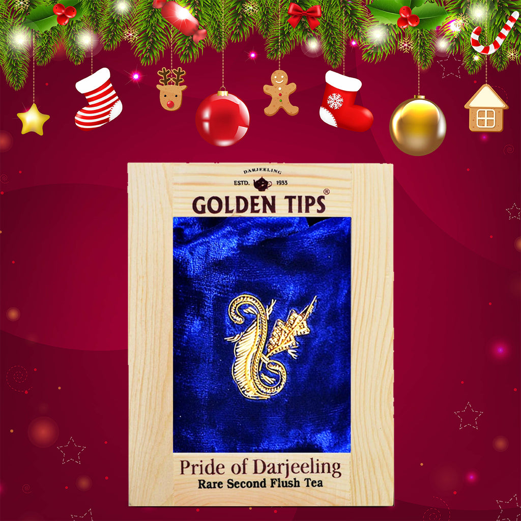 Pride Of Darjeling Rare Second Flush Tea in Pinewood Box with Zardosi Work on Velvet Pouch