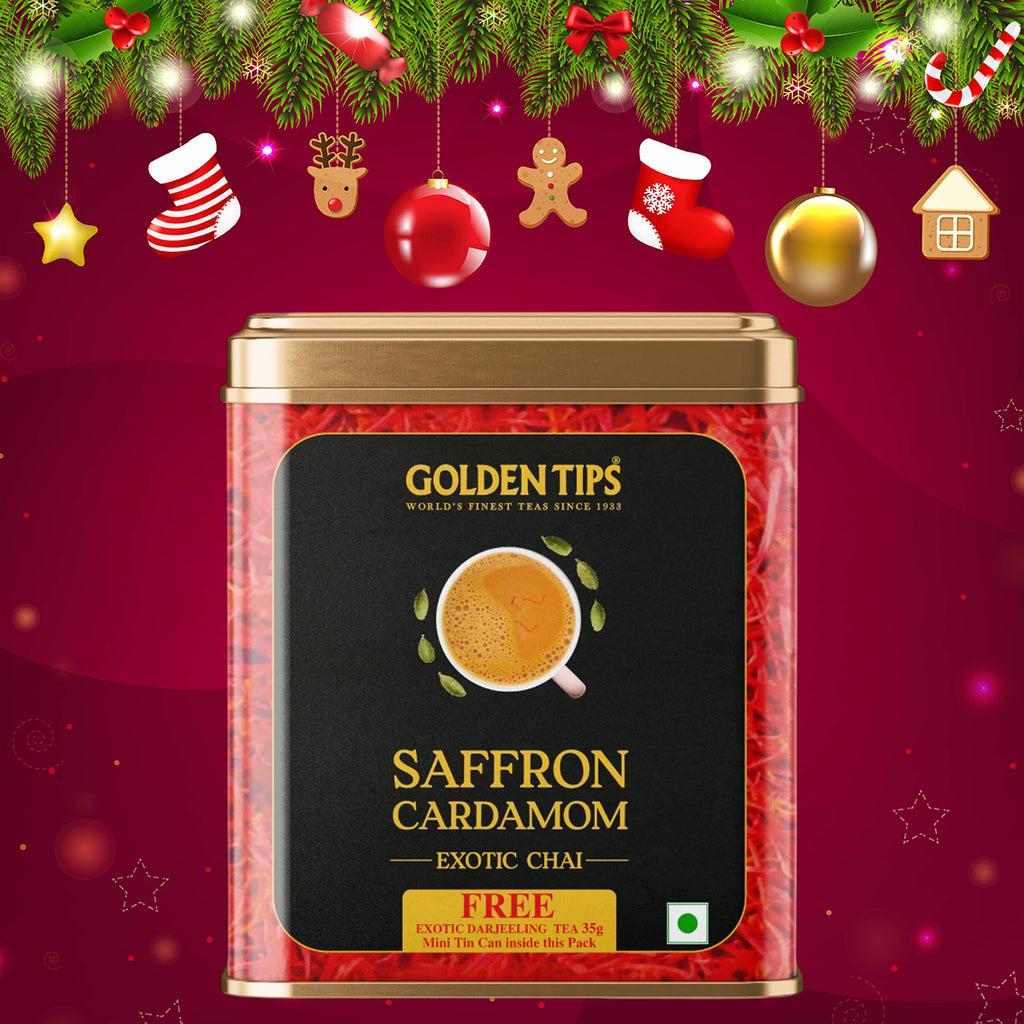 Saffron Cardamom Exotic Chai India's Authentic Spiced Tea - Tin Can (Free Exotic Darjeeling Tea 35g)