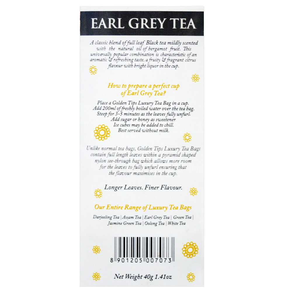 Earl Grey Full Leaf Pyramid - Tea Bags - Golden Tips Tea (India)