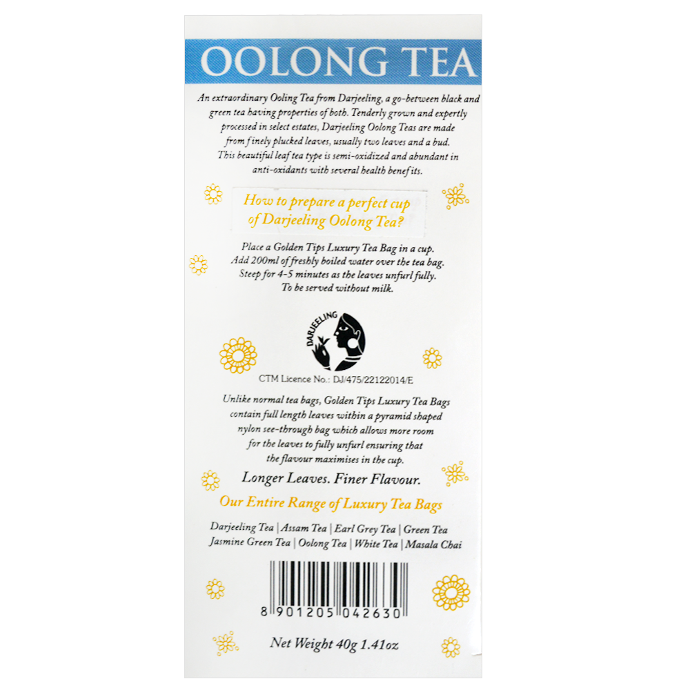 Oolong Tea Full Leaf Pyramid - Tea Bags - Golden Tips Tea (India)