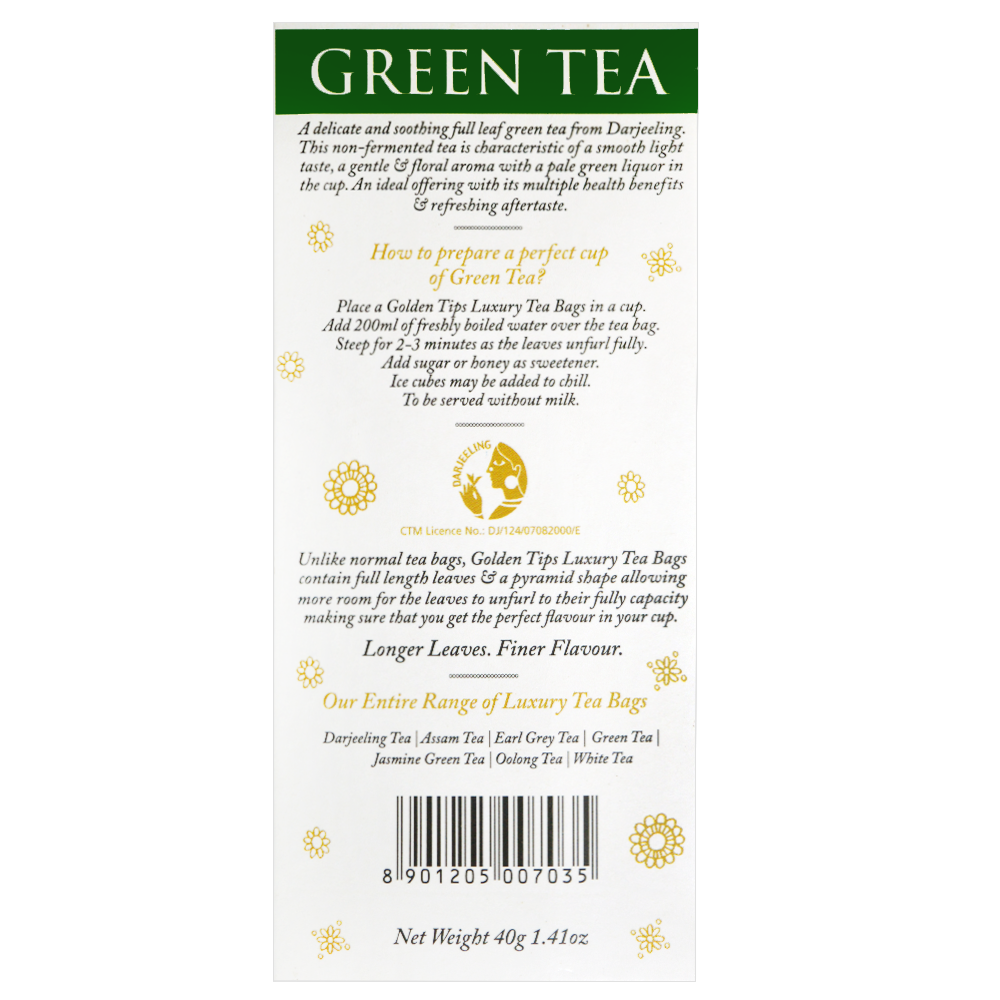 Green Full Leaf Pyramid - Tea Bags - Golden Tips Tea (India)