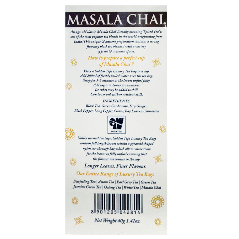 Masala Chai Full Leaf Pyramid - Tea Bags - Golden Tips Tea (India)