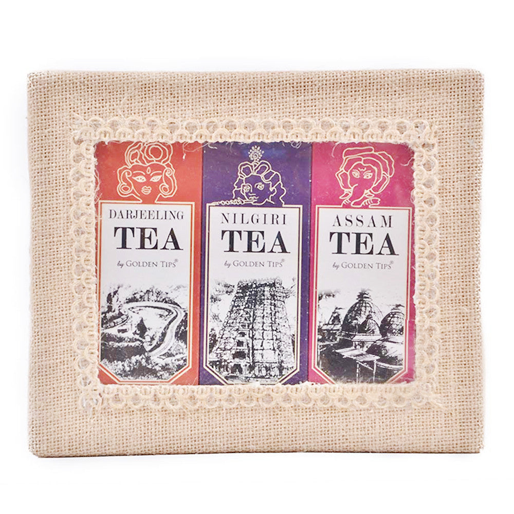 3-in-1 Delightful Teas (Darjeeling, Assam & Nilgiri) in Handcrafted Jute Box - Golden Tips Tea (India)