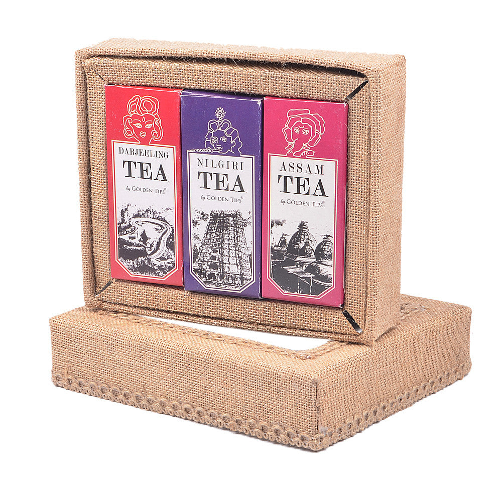 3-in-1 Delightful Teas (Darjeeling, Assam & Nilgiri) in Handcrafted Jute Box - Golden Tips Tea (India)