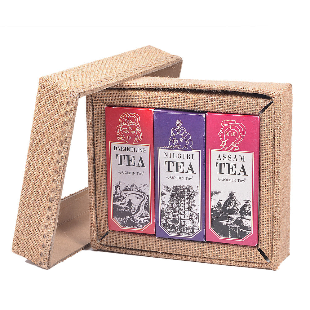 3-in-1 Delightful Teas (Darjeeling, Assam & Nilgiri) in Handcrafted Jute Box - Golden Tips Tea (India)