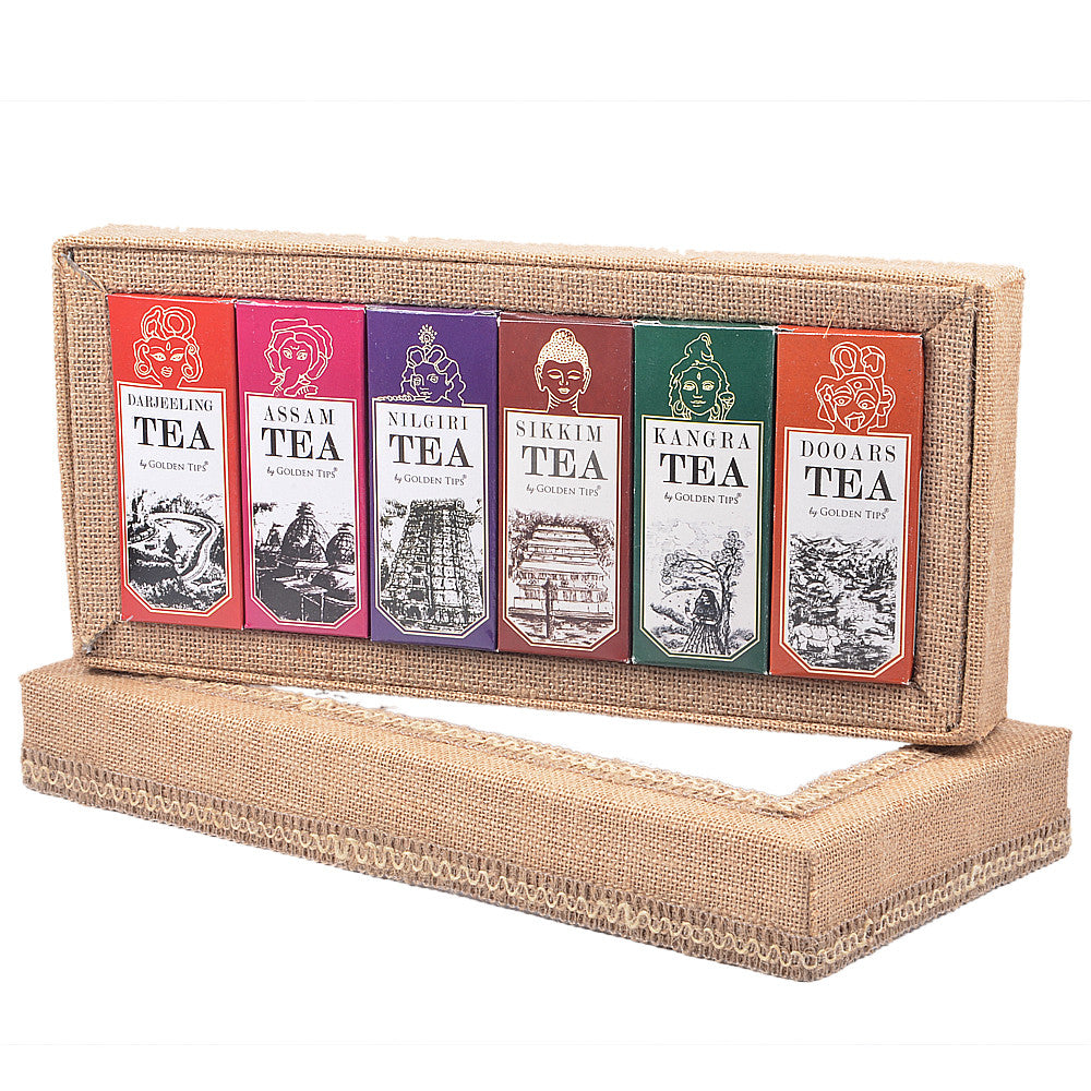 6-in-1 Delightful Teas (Darjeeling, Assam, Nilgiri, Sikkim, Kangra & Dooars) in Handcrafted Jute Box - Golden Tips Tea (India)