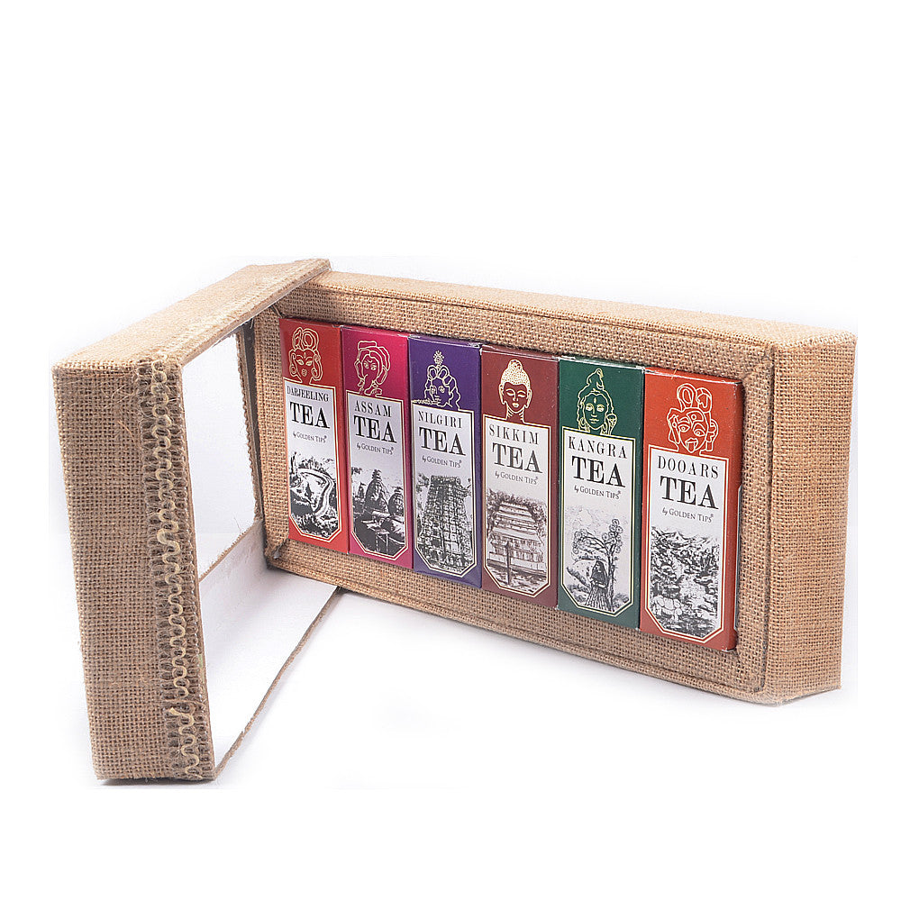 6-in-1 Delightful Teas (Darjeeling, Assam, Nilgiri, Sikkim, Kangra & Dooars) in Handcrafted Jute Box - Golden Tips Tea (India)