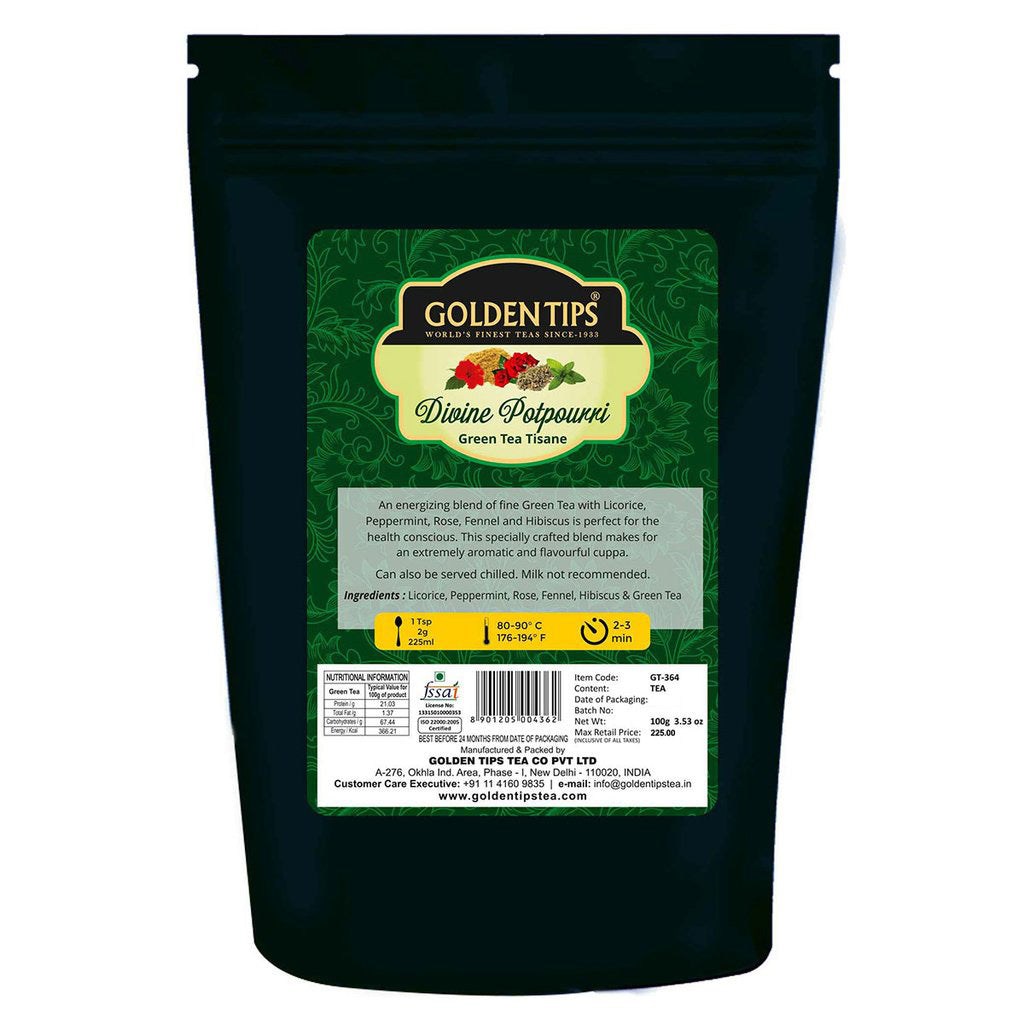 Divine Potpourri - Licorice, Peppermint, Rose, Fennel, Hibiscus & Green Tea - Golden Tips Tea (India)