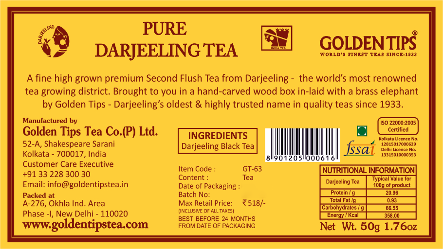 Premium Second Flush Darjeeling Tea in a Carved Wooden Box with Brass Elephant - Golden Tips Tea (India)