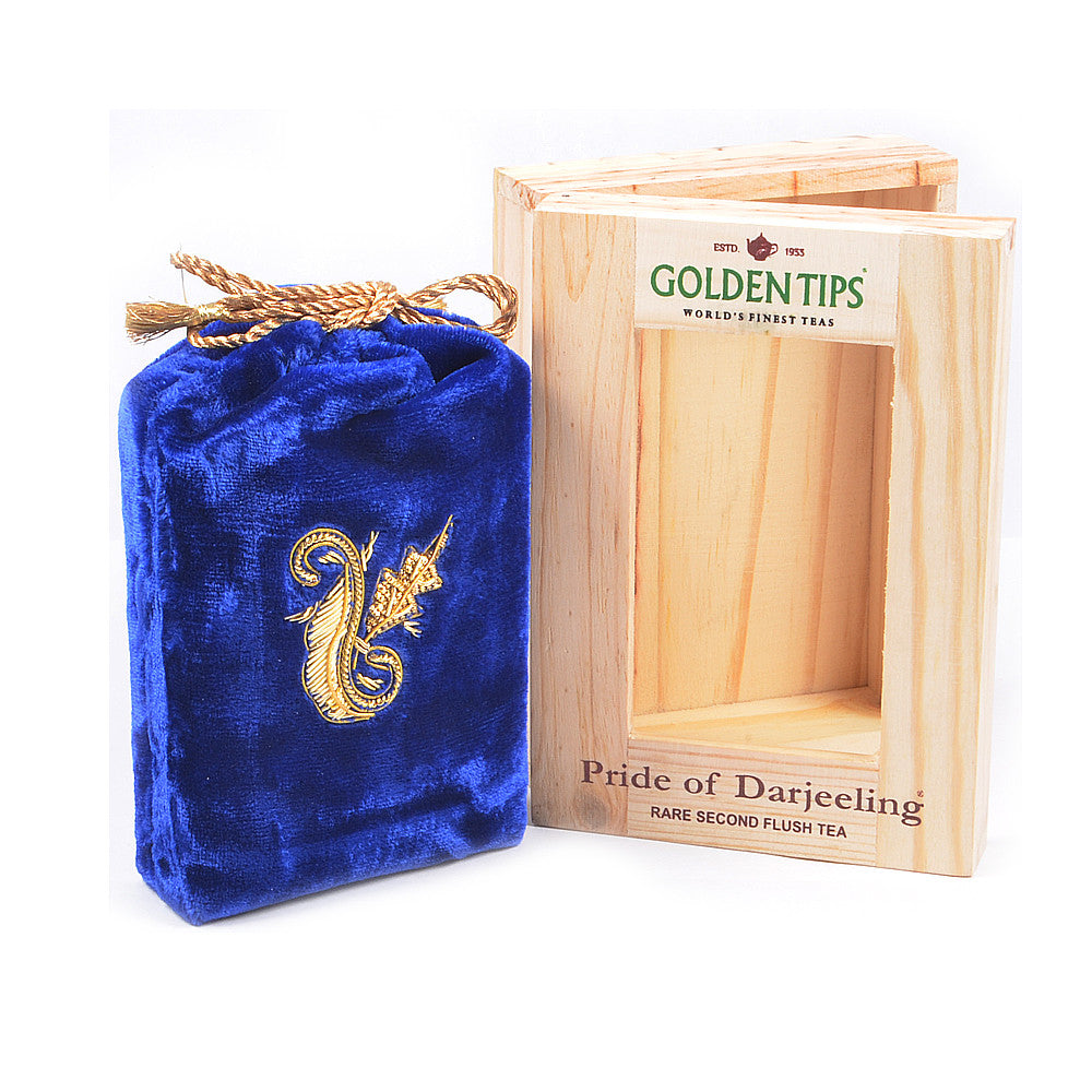 Rare Second Flush Darjeeling Tea in Pinewood Box with Zardosi Work on Velvet Pouch - Golden Tips Tea (India)