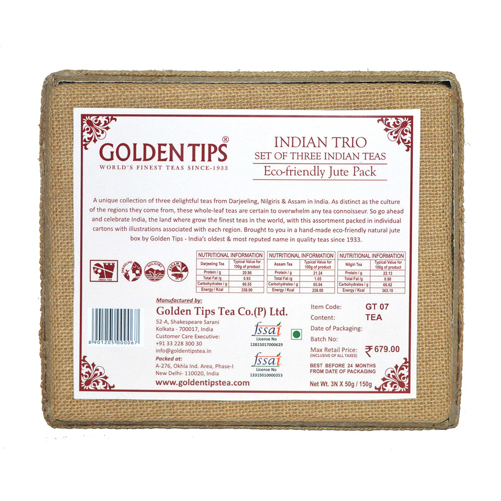 3-in-1 Delightful Teas (Darjeeling, Assam & Nilgiri) in Handcrafted Jute Box - Golden Tips Tea (India)
