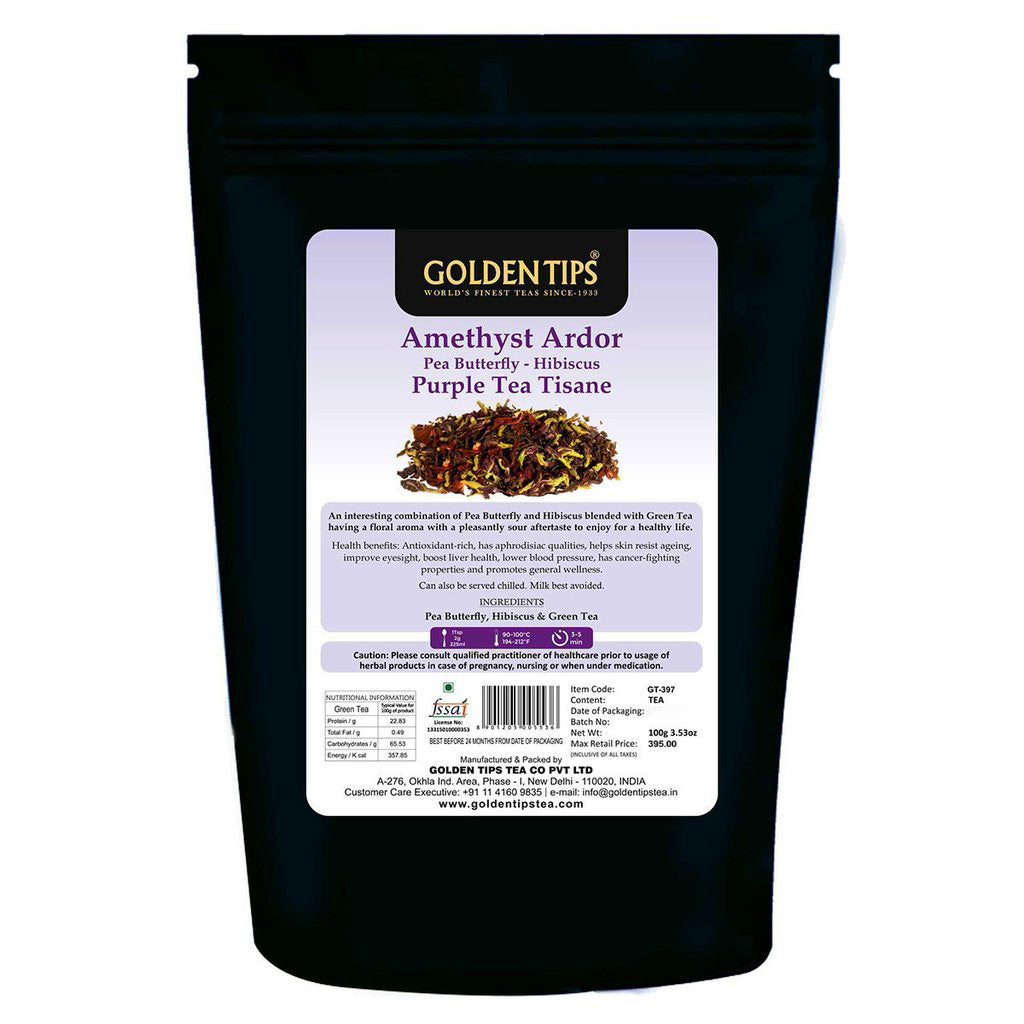PURPLE TEA - Pea Butterfly - Hibiscus , Amethyst Ardor Green Tea - Golden Tips Tea (India)