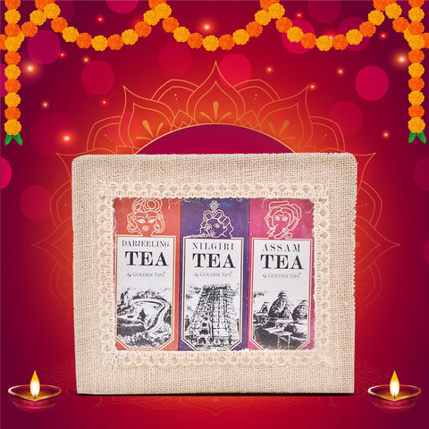 3-in-1 Delightful Teas (Darjeeling, Assam & Nilgiri) in Handcrafted Jute Box ( 50 Gram Each )