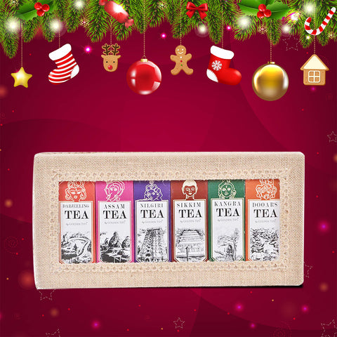 6-in-1 Delightful Teas (Darjeeling, Assam, Nilgiri, Sikkim, Kangra & Dooars) in Handcrafted Jute Box