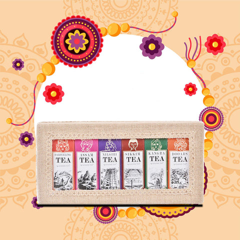 6-in-1 Delightful Teas (Darjeeling, Assam, Nilgiri, Sikkim, Kangra & Dooars) in Handcrafted Jute Box
