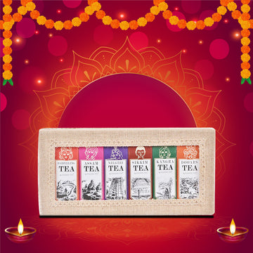 6-in-1 Delightful Teas (Darjeeling, Assam, Nilgiri, Sikkim, Kangra & Dooars) in Handcrafted Jute Box