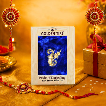 Pride Of Darjeeling Rare Second Flush Tea in Pinewood Box with Zardosi Work on Velvet Pouch