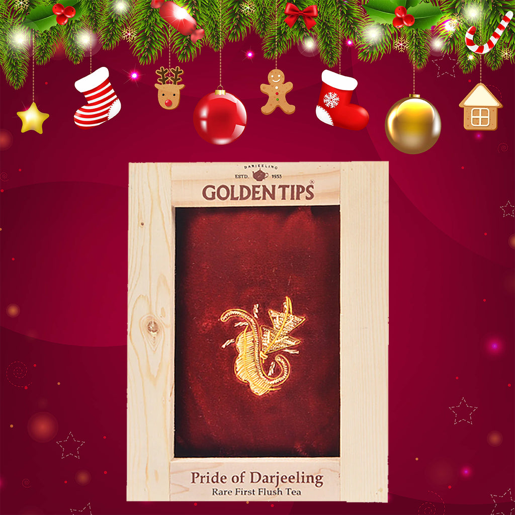 Pride Of Darjeeling - Rare First Flush Tea in Pinewood Box with Zardosi Work on Velvet Pouch