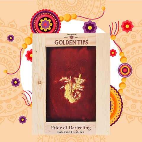 Pride Of Darjeeling - Rare First Flush Tea in Pinewood Box with Zardosi Work on Velvet Pouch