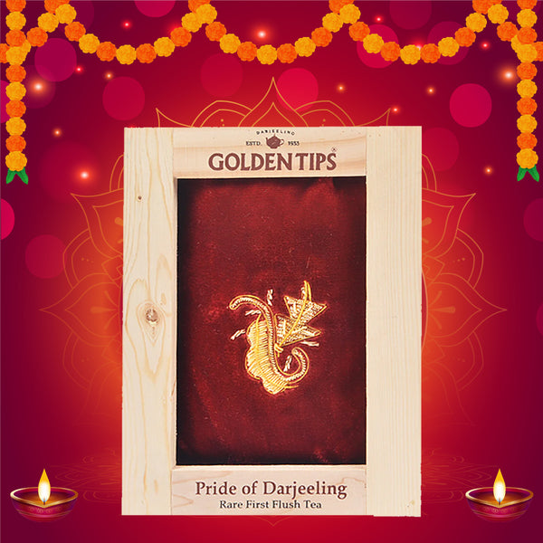 Pride Of Darjeeling - Rare First Flush Tea in Pinewood Box with Zardosi Work on Velvet Pouch