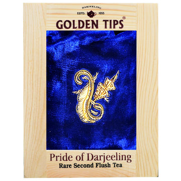 Rare Second Flush Darjeeling Tea in Pinewood Box with Zardosi Work on Velvet Pouch - Golden Tips Tea (India)