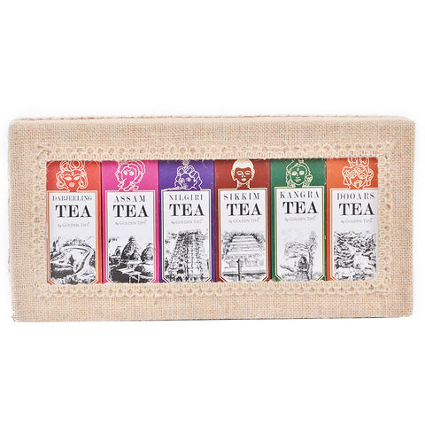 6-in-1 Delightful Teas (Darjeeling, Assam, Nilgiri, Sikkim, Kangra & Dooars) in Handcrafted Jute Box - Golden Tips Tea (India)